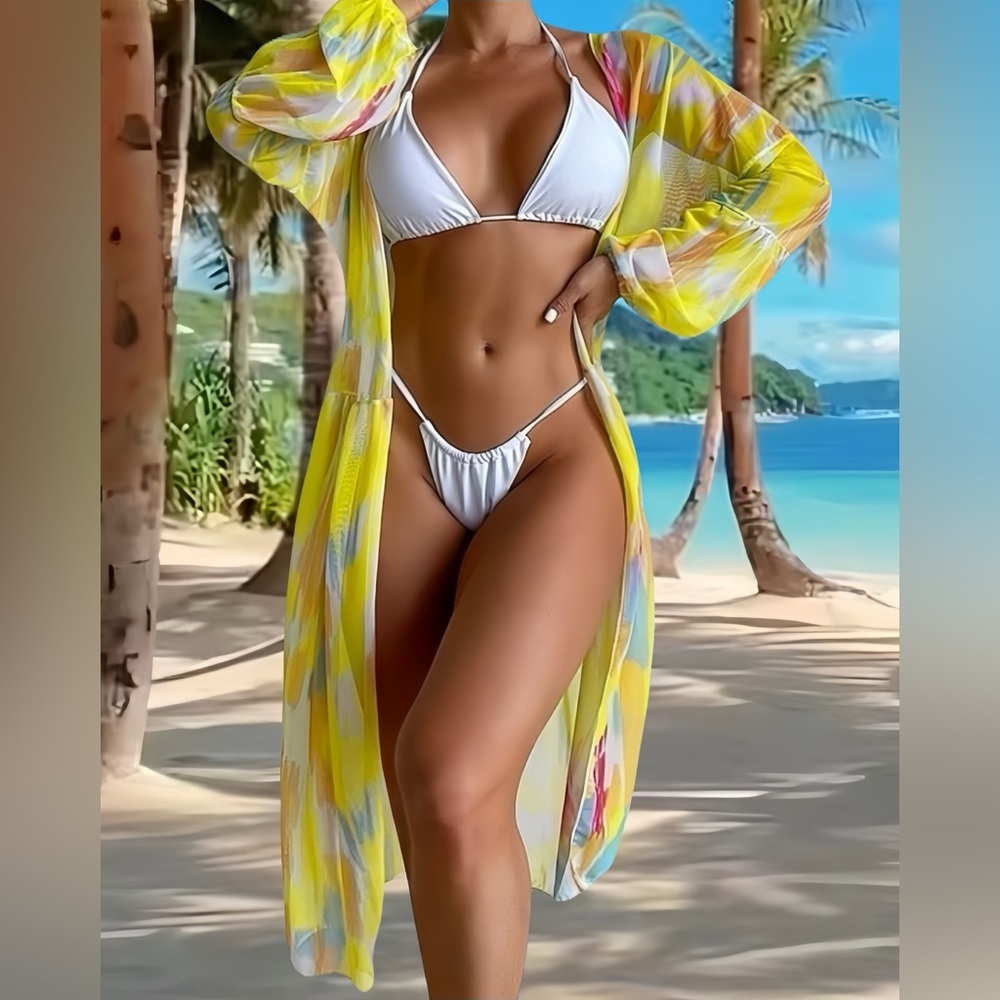 Vibrant Yellow Swim Coverup Mesh Kimono